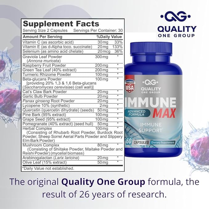 Immune Support Complex Supplement with Vitamin C E Quercetin Graviola Garlic Selenium Grape Seed Advanced Immune Defense Supports Overall Health Provides Vital Nutrients &amp Antioxidants