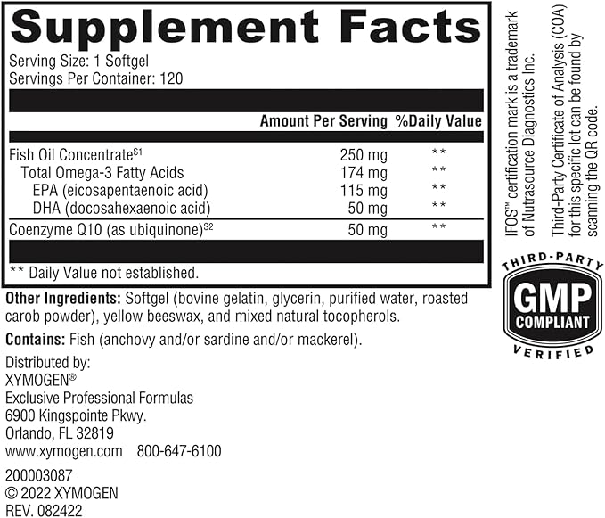 XYMOGEN CoQmax Omega 50 mg - CoQ10 + Fish Oil Omega 3 Supplement - Dual-Action Heart Health Support - Coenzyme q10 + Specialized Fish Oil for 3X Greater Absorption of EPA DHA (120 Softgels)