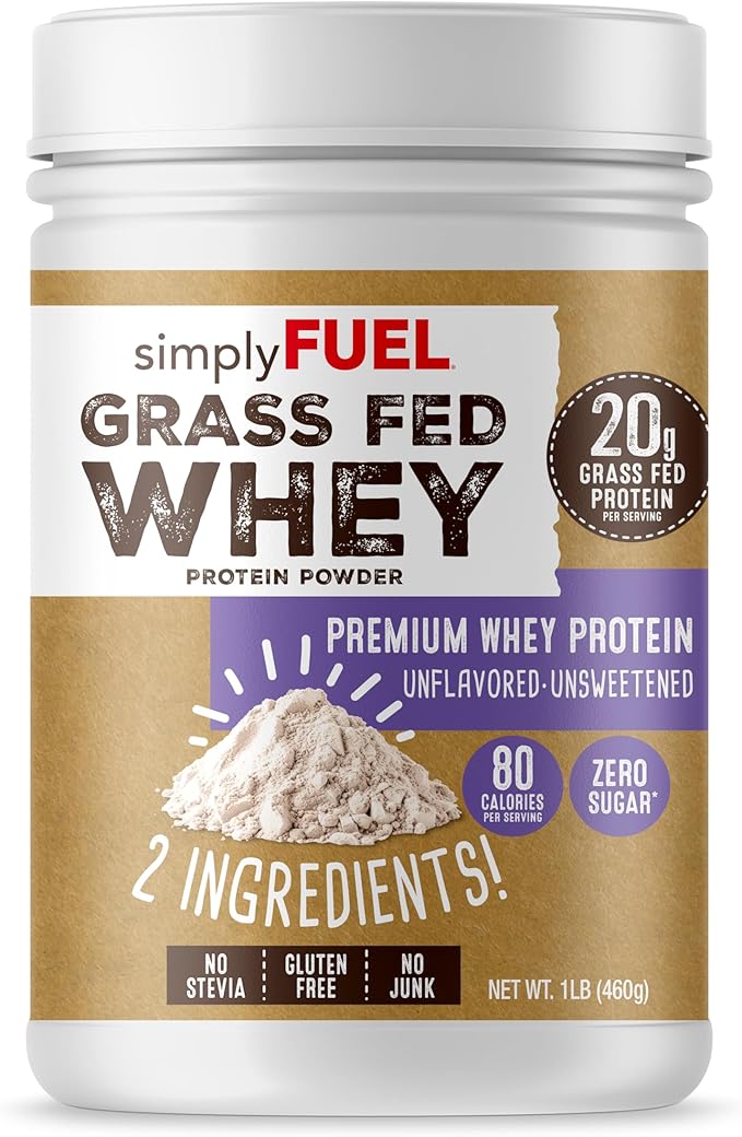 simplyFUEL 100% Grass-Fed Whey Protein Powder Unflavored Unsweetened Zero Sugar or Carbs Clean Gluten-Free Protein 20 g Protein per Serving 1 lb