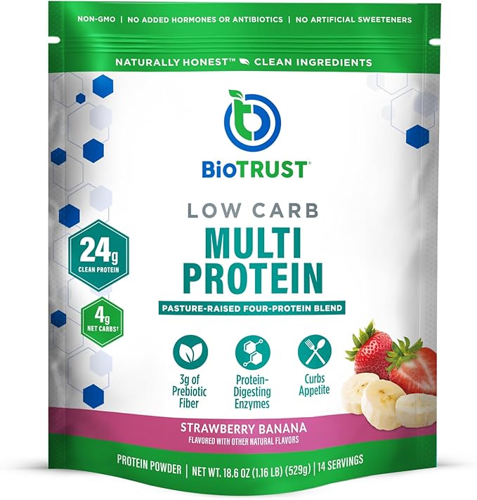 BioTrust Low Carb Protein Powder – Delicious Whey &amp Casein Blend from Grass-Fed Hormone Free Cows – Non GMO Gluten Free (Strawberry Banana)