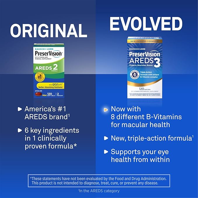 PreserVision AREDS3 Eye Vitamins #1 Eye Doctor Recommended Brand AREDS 2 Formula with 8 B-Vitamin Complex Promotes Healthy Cellular Eye Function* 3-in-1 Macular Supplement 120 Softgels