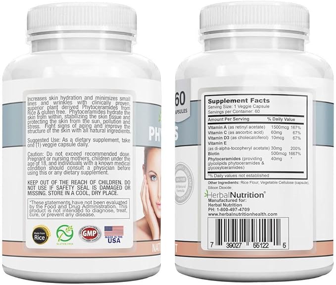 Herbal Nutrition Phytoceramides from Rice with Biotin Vitamin A C D and E Three Bottle Pack 180 Capsules 40mg