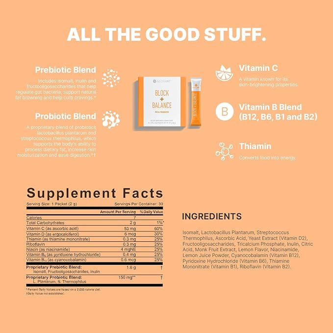 NeoraFit - Block+Balance Pre and Probiotic Powder - Daily Use Craving Support Vitamin C &amp B Blend Convenient Stick Packs - 30 Count
