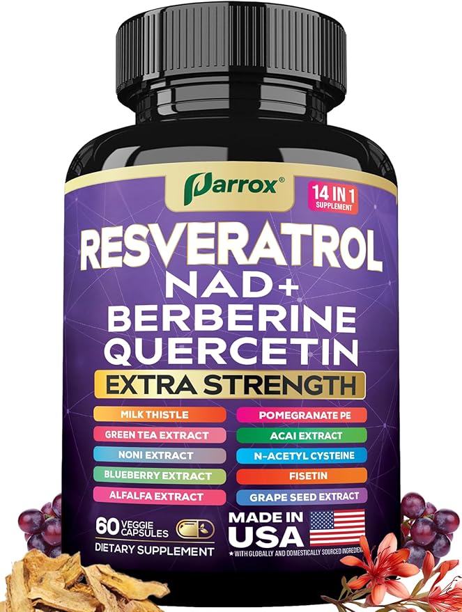 Resveratrol Supplement with Milk Thistle NAD Berberine Quercetin Fisetin Pomegranate Green Tea Noni Acai Blueberry Grape Seed Extracts N-Acetyl Cysteine 14-in-1 Extra Strength (60 Caps)
