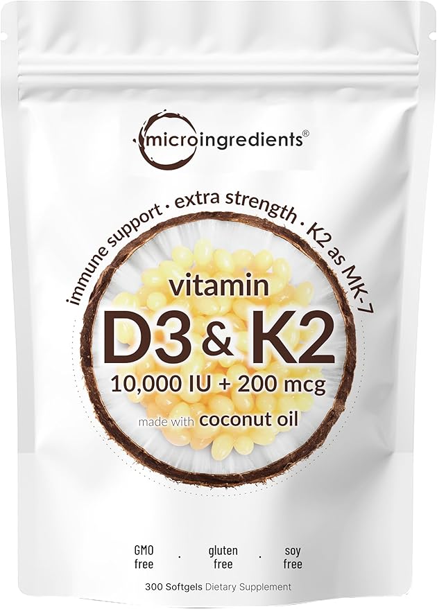 Micro Ingredients Vitamin D3 10000iu + K2 200mcg Coconut Oil Softgels &amp Lions Mane Mushroom Supplement Powder Bundle 2 Pack | Essential Sunshine Vitamins | Natural Superfood for Brain Energy &a