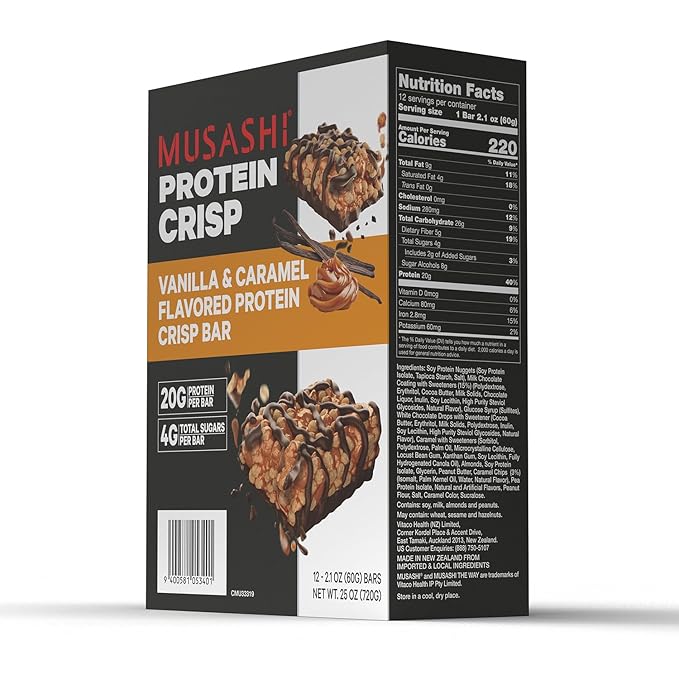 MUSASHI Protein Crisp Bar 20g Protein 4g Total Sugars Vanilla &amp Caramel Post Workout and Snack On The Go 12 Pack of 2.1oz (60g) Bars
