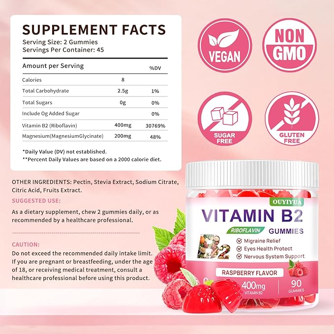 Vitamin B2 Gummies Riboflavin 400mg Supplement with Magnesium for Kids &amp Adults B2 Gummies for Migraine Relief Headache Relief &amp Nervous System Support Vegan Sugar-Free Raspberry Flavor 90