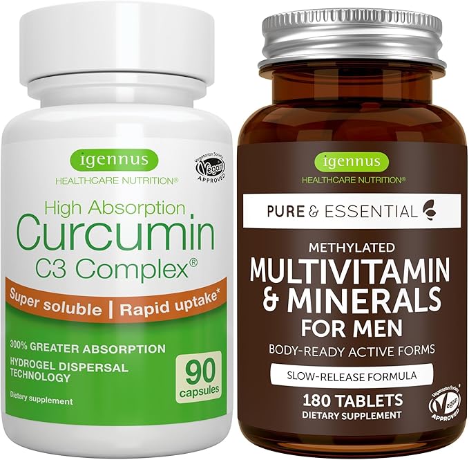 Multivitamin &amp Minerals for Men + High Absorption Curcumin C3 Complex Vegan Bundle Sustained Release Advanced Multivitamin + 300% Greater Absorption Curcuminoids with Rapid Uptake by Igennus