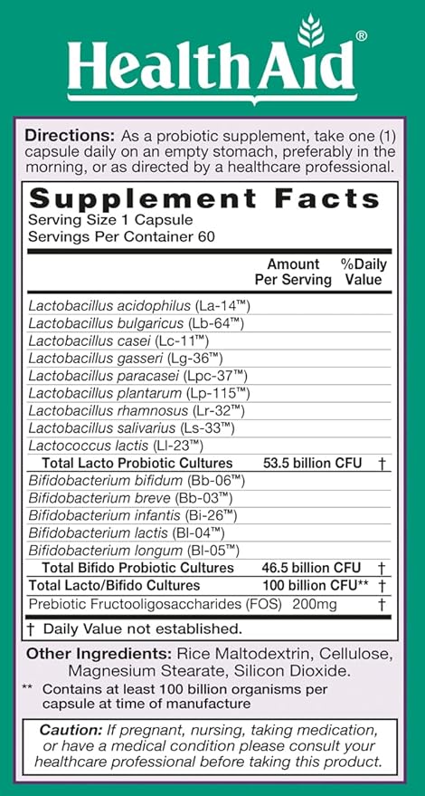 HealthAid UltraProbio 100 Billion 60ct Once Daily Capsules Optimum Support 100 Billion with Prebiotic Acid &amp Bile Resistant Dairy &amp Gluten Free Non-GMO Vegan 14 Viable Strins.