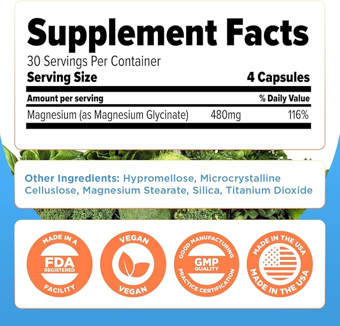 Magnesium Glycinate 480mg - High Absorption Magnesium Supplement Support Stress Relief Sleep Heart Health Nerves Muscles and Metabolism 120 Veggie Capsules 1 Month Supply