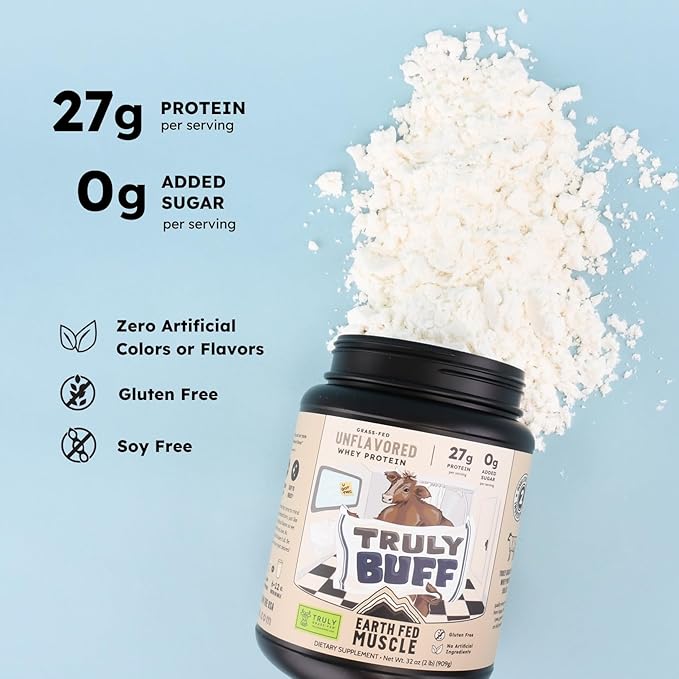 Earth Fed Muscle Truly Buff Truly Grass Fed Whey Protein Isolate - No Artificial Ingredients Soy Free Gluten Free Non-GMO and Hormone Free (2 Pound 30 Servings Unflavored)