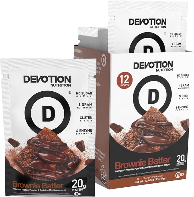 Devotion Nutrition Brownie Batter Protein Powder for Shakes Baking Brownies Desserts – 20g Whey Isolate &amp Casein Blend – No Added Sugar Low Carb Gluten-Free Keto-Friendly with MCT – 12 Packe