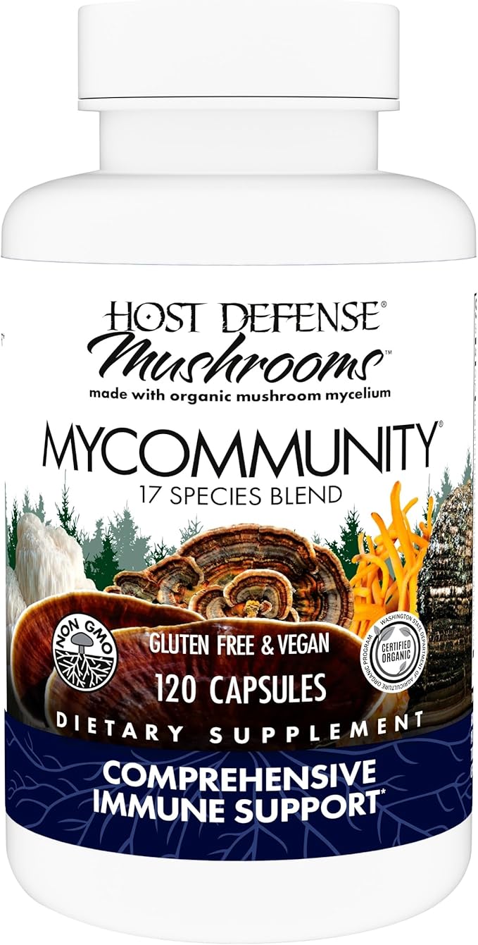 Host Defense MyCommunity Capsules - 17 Species Blend Mushroom Supplement for Immune Support - Herbal Aid with Lion's Mane Reishi. Chaga Cordyceps Turkey Tail &amp More - 120 Capsules