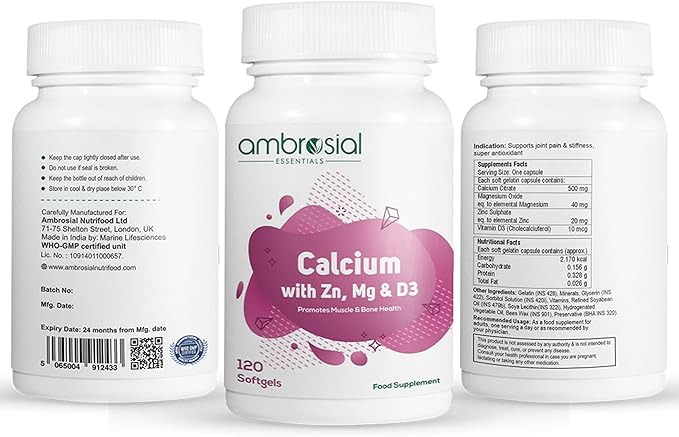 AMBROSIAL Calcium Magnesium Zinc with Vitamin D3 (Pack of 1-120 Softgels)