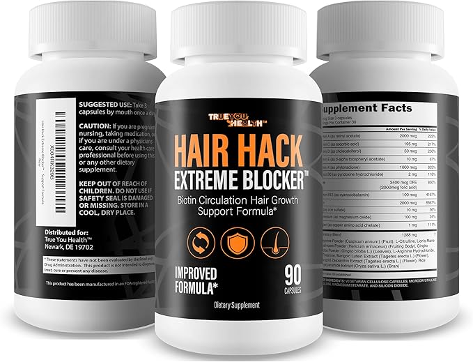 Hair Hack Extreme Blocker - Our Best Hair Growth Supplement - Natural Hair Regrowth Hair Vitamins for Thicker Hair Growth - Vitamin B7 Biotin and Folic Acid - Vitamin D3 Hair Growth Vitamins