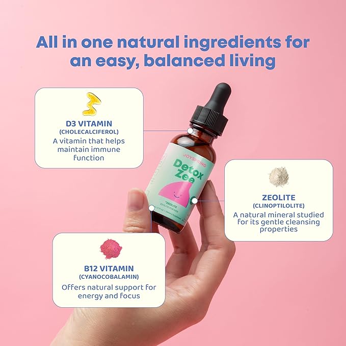 JoySpring DetoxZee Zeolite Drops for Kids – Clinoptilolite Mineral Supplement with Vitamin D3 &amp Cyanocobalamin B12 – Liquid Vitamins for Kids Mild Berry Flavor Crafted in USA 30 Servings