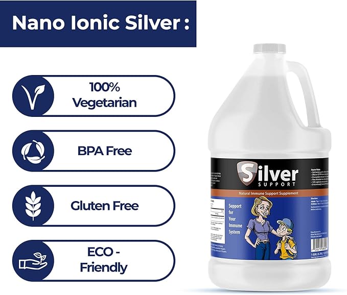 Silver Support - Herbal Immune Support Supplement Nano-sized Silver Solution Immune Booster for Kids Pets &amp Adults Purified Silver Fortify Your Immune System for Cold and Flu Season - 4 Gallo