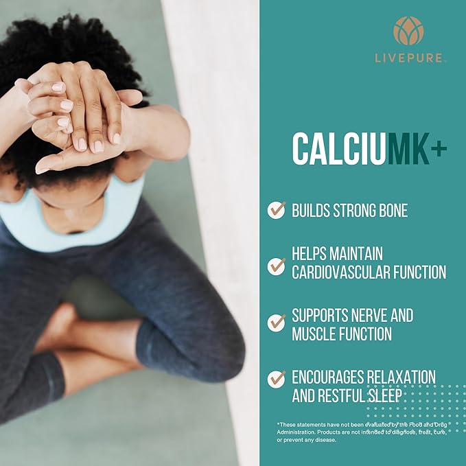 PURE LivePURE CalciuMK+ Capsules | 90ct | Supports Bone Health Collagen Formation &amp Joint Mobility | Non-Dairy Lactose-Free Calcium Supplement for Skeletal Support