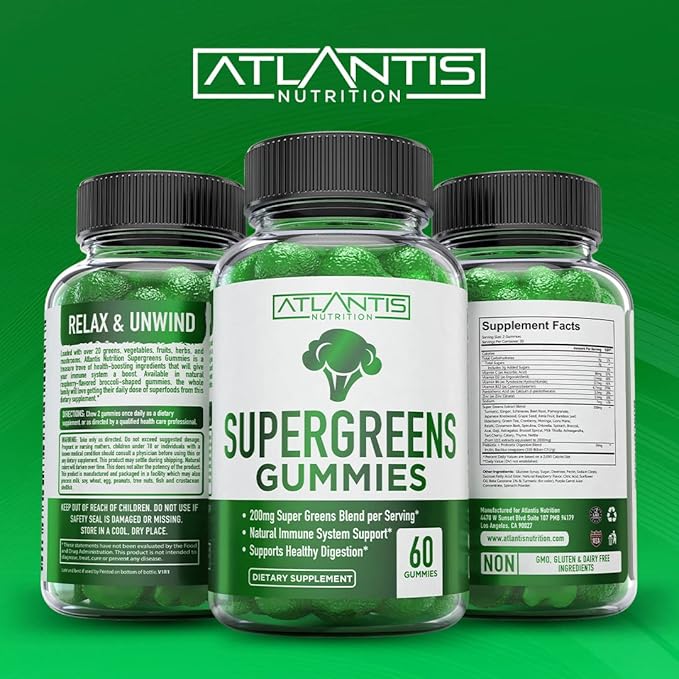 Atlantis Nutrition Sugar Free Prebiotic Fiber Gummies for Adults 2-Pack (120 Gummies) + Supergreens 60 Gummies