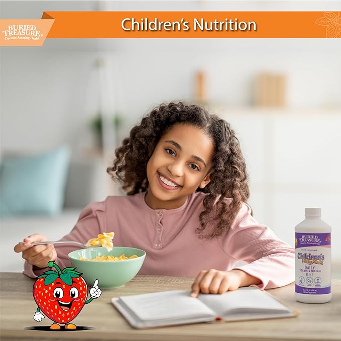 Buried Treasure Children's Daily Multi Liquid Multivitamin &amp Minerals Nutritional Dietary Vegan Supplement for Kids No Artificial Ingredients Non-GMO Natural Fruit Flavors 16 oz w/Dose Cup