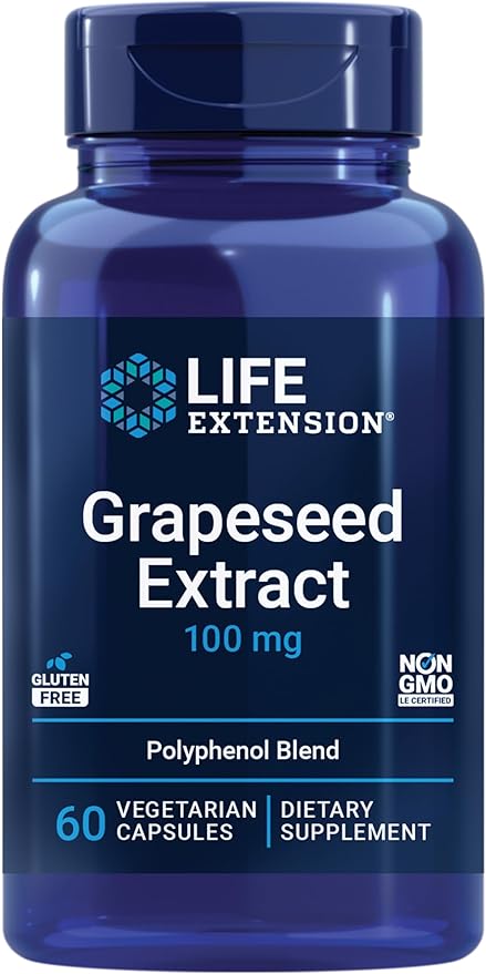 Life Extension Grapeseed Extract Vitamin C Calcium resveratrol polyphenols Cardiovascular Health antioxidant Protection Gluten-Free Non-GMO Vegetarian 60 Capsules