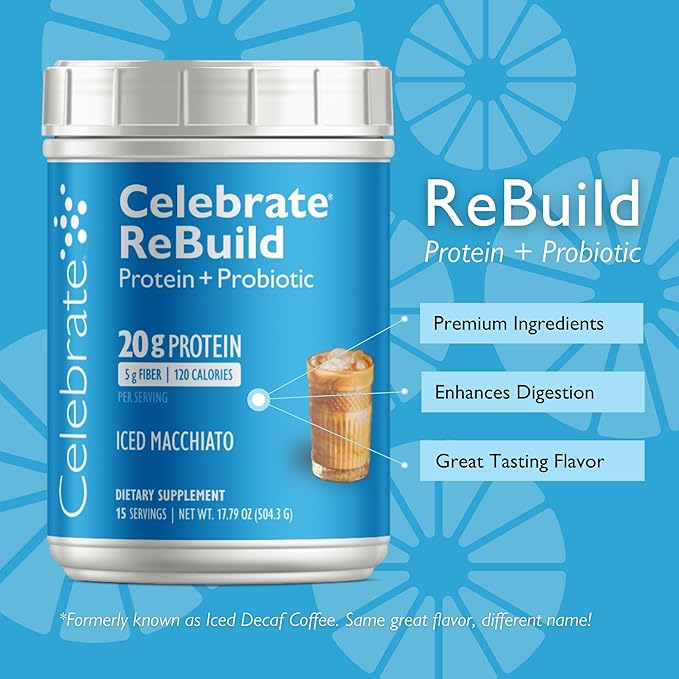 Celebrate Vitamins Rebuild Protein Powder with Probiotics &amp Prebiotics - 20g Whey Isolate Protein High Fiber for Post Bariatric Surgery Patients - Iced Macchiato (15 Servings)