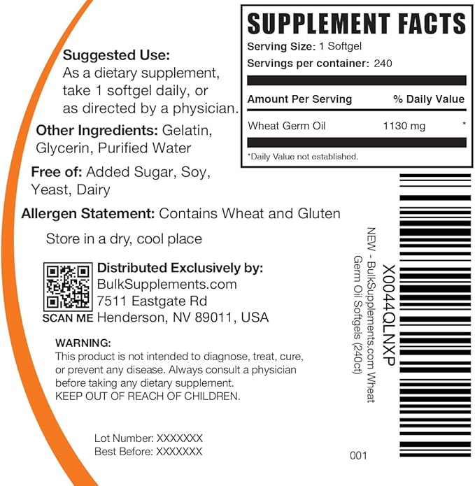 BulkSupplements.com Wheat Germ Oil Softgels - Wheat Germ Oil Supplement Wheat Germ Oil 1130mg - Nutritional Supplement &amp Soy Free 1 Softgel per Serving 240 Softgels (Pack of 1)