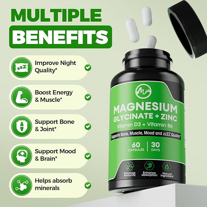 (2 Pack) Magnesium Glycinate Capsules Magnesium Supplement with Zinc Vitamin D3 &amp B6 - Highly Bioavailable and Absorption - Bone Heart Joint Immune Support 120 Vegan Capsules