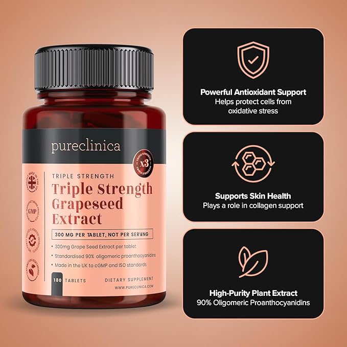 pureclinica Grape Seed Extract 300mg x 180 Tablets - 90% Oligomeric Proanthocyanidins. 300% Stronger Than Regular Grape Seed.
