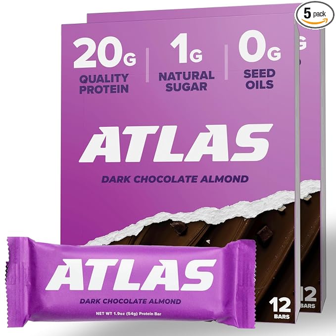 Atlas Real Food Protein Bar – 20g Clean Protein 1g Sugar No Seed Oils No Artificial Sweeteners (Dark Chocolate Almond 24 Count)