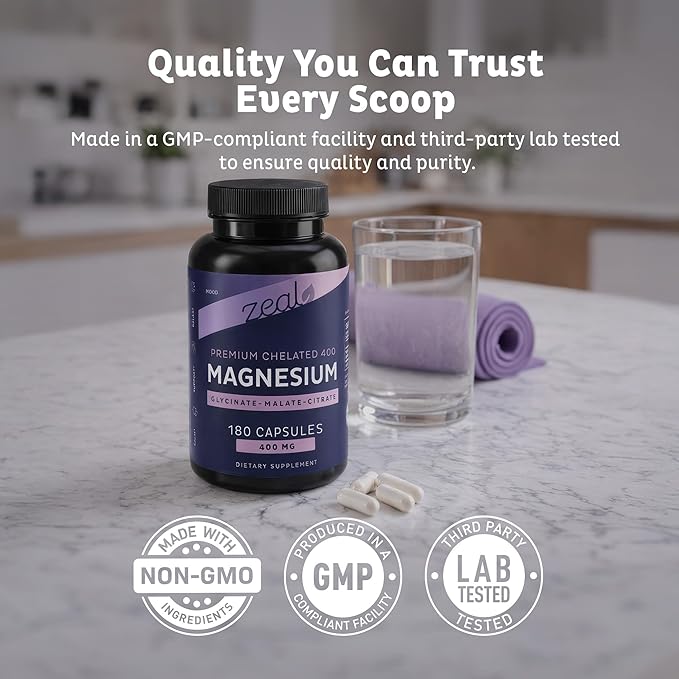 Zeal Naturals Triple Magnesium Complex Supplement - Glycinate Malate Citrate | 400mg 180 Capsules | High Absorption Chelated Magnesium for Sleep Mood Muscle Recovery Relaxation