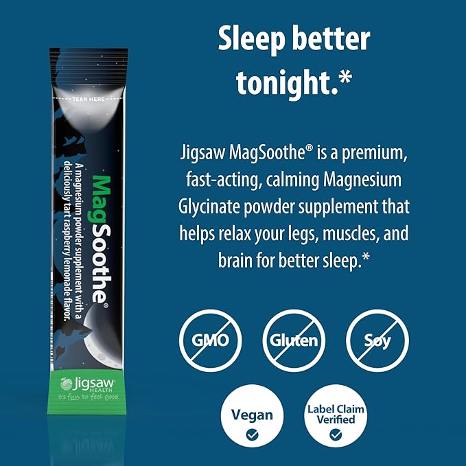 Jigsaw Health MagSoothe | Fast-Acting Calming Magnesium Glycinate Powder Supplement | Raspberry Lemonade Flavor | 60 Servings (Packets)
