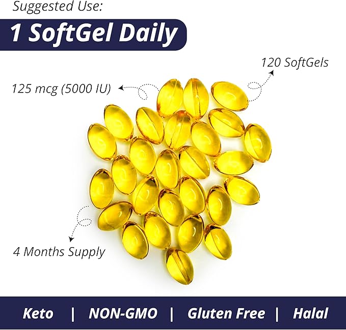 WOW Supplements Vitamin D3 5000 IU Softgels 125 mcg - Vitamin D3 5000IU Supplement for Strong Bones and Immune Support - Non-GMO Gluten Free Vitamin D 5000 IU - VIT D3 5000 IU Softgels - 120 Count