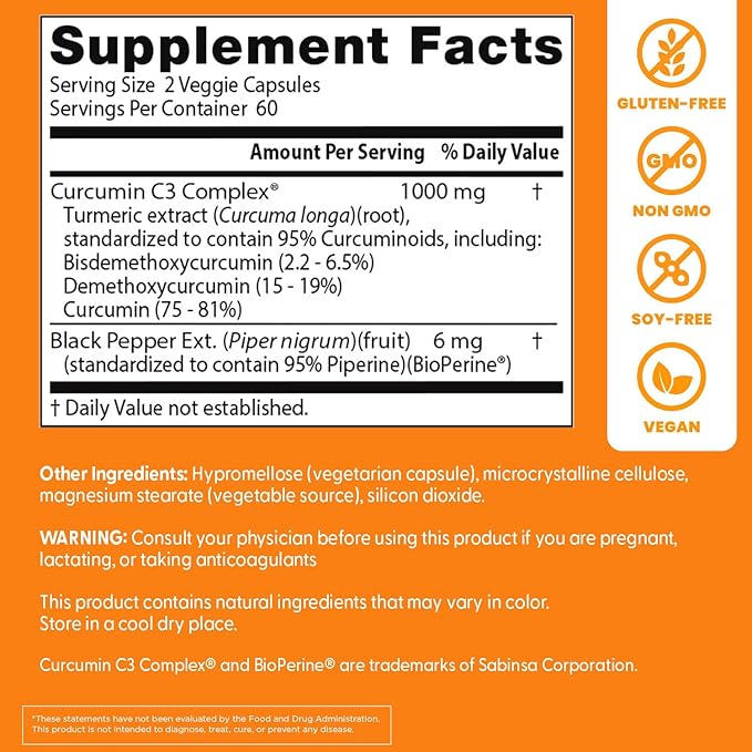 Doctor's Best Turmeric Curcumin Supplement 1000mg for Men &amp Women - Curcumin Caps from Turmeric Root Black Pepper Extract (BioPerine) 95% Piperine Joint Health Support Non GMO - 120 Veg Capsul