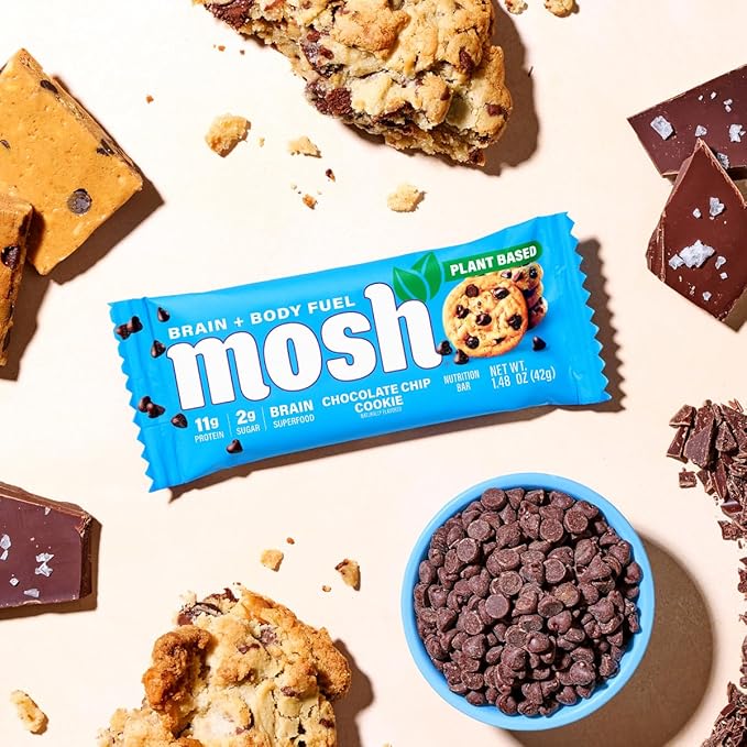 MOSH Chocolate Chip Cookie Vegan Protein Bars Plant Based Keto Gluten Free Brain Healthy Snack with Cognizin Ashwagandha and Lion's Mane 12 Count