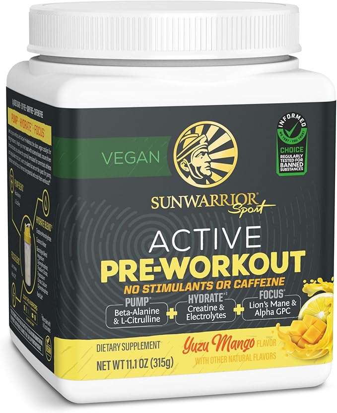 Sunwarrior Pre Workout Powder Energy Drink Non-Stim &amp Caffeine Free | Vegan Plant-Based Supplement | Pump Hydrate Focus Endurance &amp Strength Builder | Yuzu Mango Flavored 30 Serving Active Pre