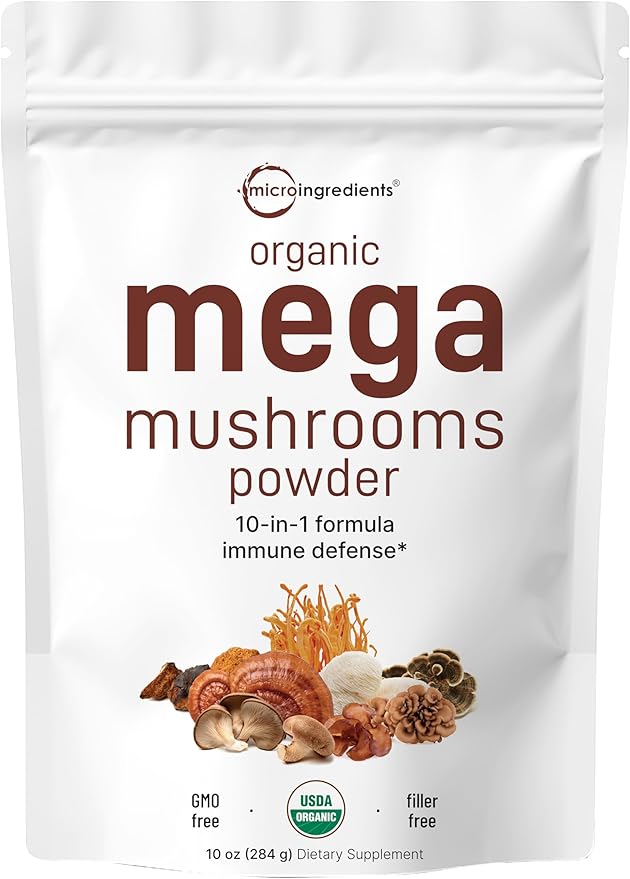 Micro Ingredients Organic Mega Mushroom Powder10 Ounce (284 Days Supply) | 10 in 1 Complex Formula for Immune System Booster | Chaga Lions Mane Cordyceps Reishi &amp More | Filler Free Vegan