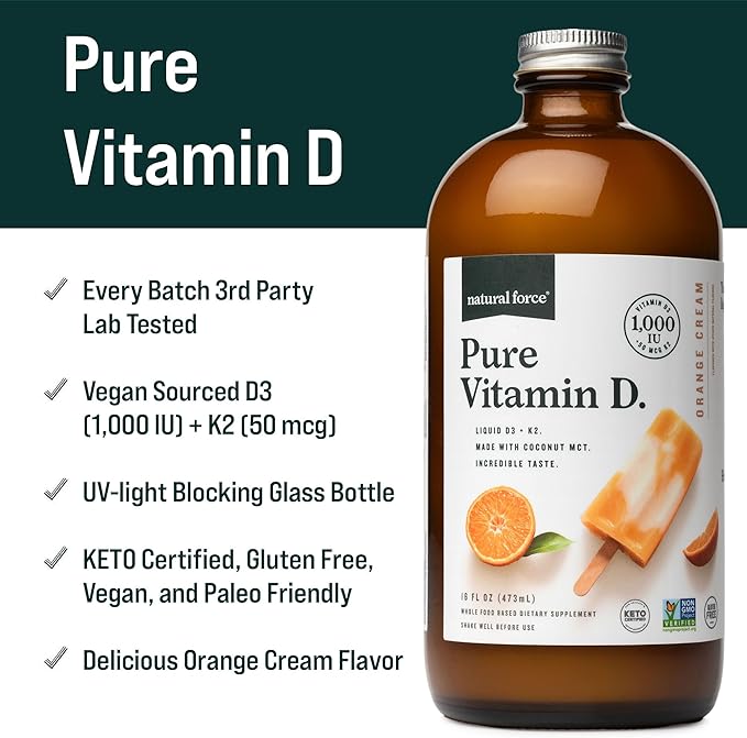 Natural Force Pure Vitamin D – Liquid D3 &amp K2 with Coconut MCT –1000 IU Immunity &amp Nutrient Absorption Booster- Vegan - Orange Cream 16 fl oz