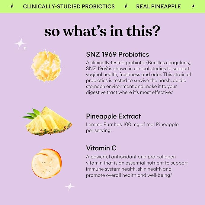 Lemme Purr Vaginal Probiotic Gummies for Women - Balanced pH Healthy Odor Yeast Balance &amp Flora Support + Vitamin C for Immune Health - Tasty Pineapple (60 Count) (Pack of 2)