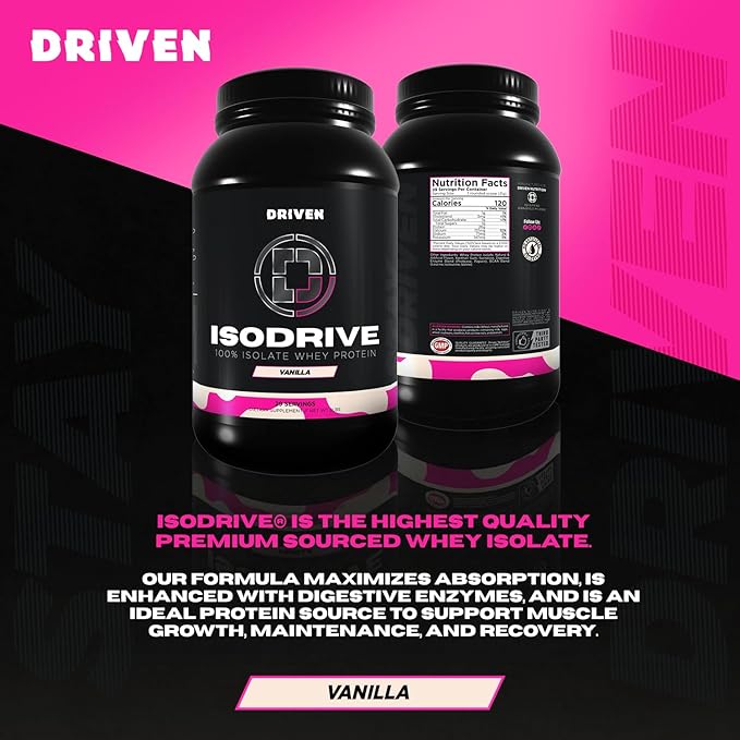 Driven Nutrition IsoDrive Whey Isolate Protein Powder 2lb (Vanilla) – 25g Protein Enzyme Enhanced for Absorption Ultra Clean