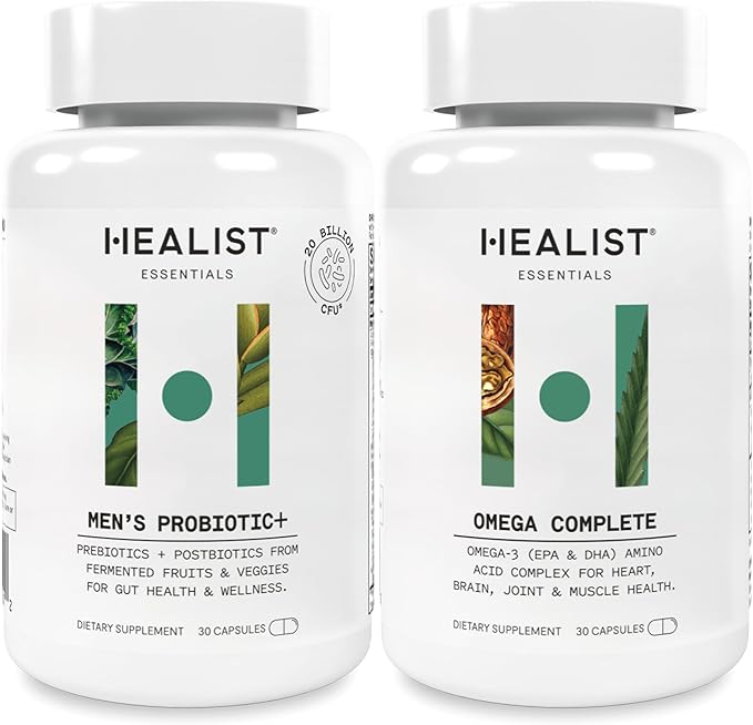 HEALIST Men’s Wellness Bundle – Probiotic + Omega 3 Supplement for Gut Heart Brain &amp Joint Health – 2-Pack 30 Vegan Capsules Each
