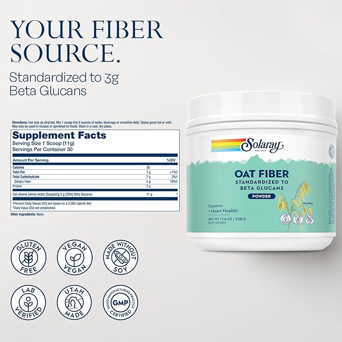 SOLARAY Oat Fiber Powder and Super Digestaway Digestive Enzymes - Soluble Fiber Supplement w/Beta Glucans for Heart Health Support - Digestion Formula w/Betaine HCl Ginger Papaya 30/90 Servings