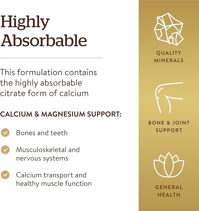 Solgar Calcium Magnesium Citrate 250 Tablets - Supports Healthy Bones &amp Teeth - Musculoskeletal &amp Nervous System Support - Highly Absorbable - Non-GMO and Vegan - 50 Servings