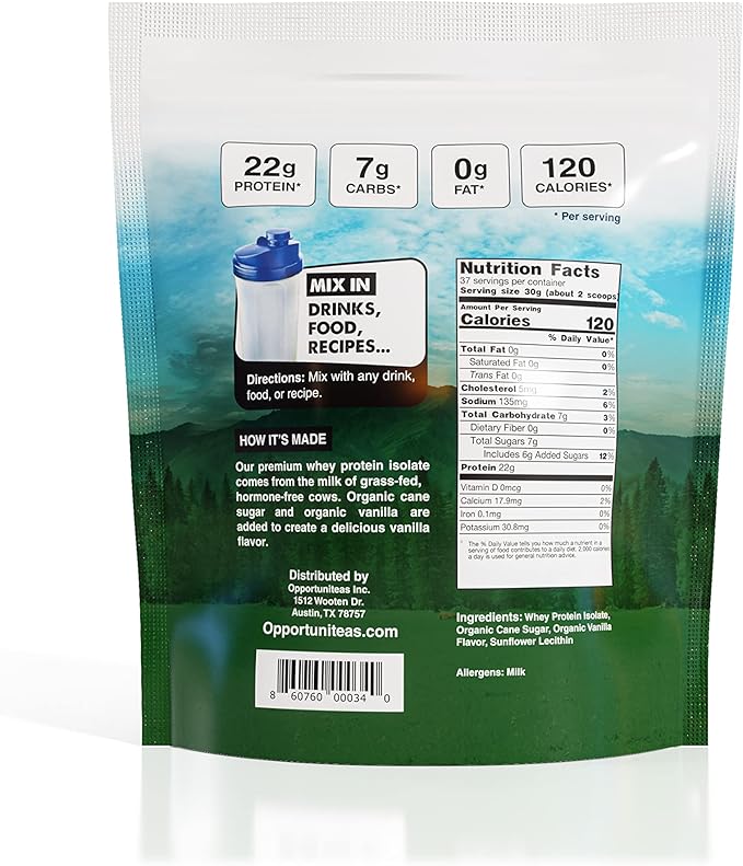 Opportuniteas Grass Fed Whey Protein Isolate Powder - 28g Unflavored &amp Vanilla Protein Protein Without Artificial Sweeteners Hormone-Free Happy Cows - Un-denatured Non GMO Keto &amp Paleo Diet