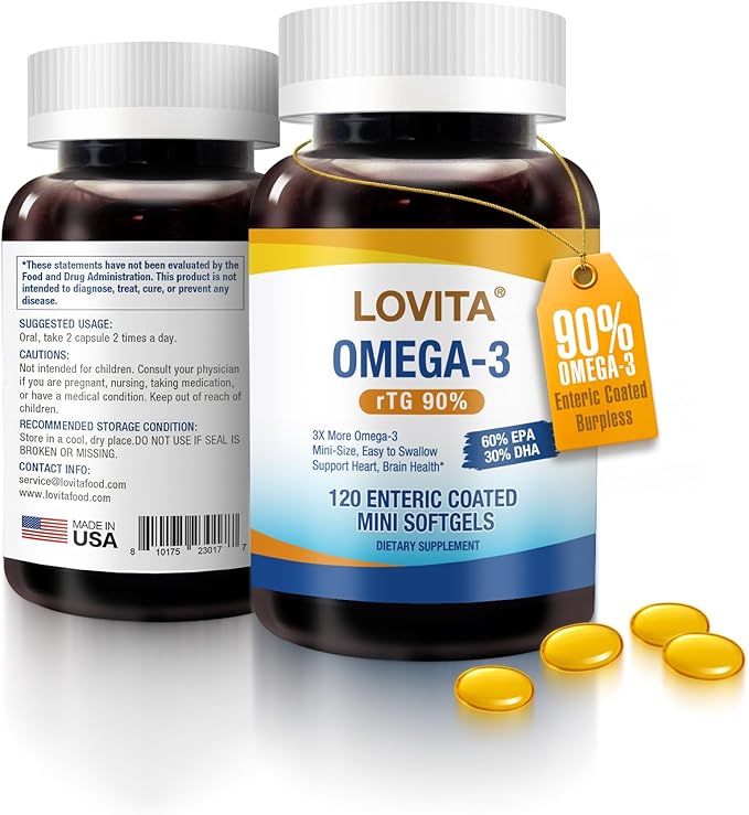 LOVITA 6-Pack Omega-3 Fish Oil Bundle - 720 Mini Softgels 2000mg rTG High Absorption Burpless Enteric-Coated (6 Month Supply)
