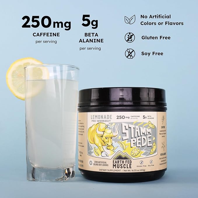 Earth Fed Muscle Stammpede Pre Workout Powder Lemonade Flavor 250mg Caffeine Powder 5g Beta Alanine Citrulline Taurine &amp Tyrosine Gluten &amp Sugar Free Pre Workout Keto Friendly 26 Servi