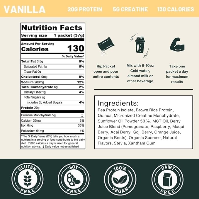 Nutrition On The Go Vegan Protein Powder Packets with Creatine – 20g Plant Proteins + 5g Creatine – Single-Serve Travel Protein Powder – All-Natural Gluten-Free – Vanilla – (30-Pack)