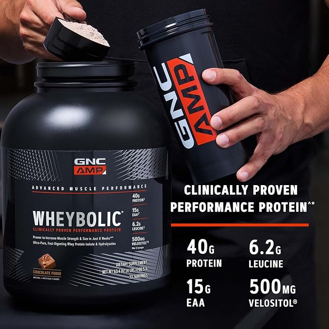 GNC AMP Wheybolic Clinically Proven Protein Powder 40g Whey Protein BCAA Leucine Increases Muscle Strength Muscle Building 3rd Party Tested Gluten Free. Cookies and Cream 10 Servings