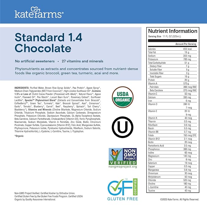 KATE FARMS Organic 1.4 High Calorie Nutrition Shake Chocolate 20g Protein 27 Vitamins and Minerals Meal Replacement 11 oz (12 Pack)