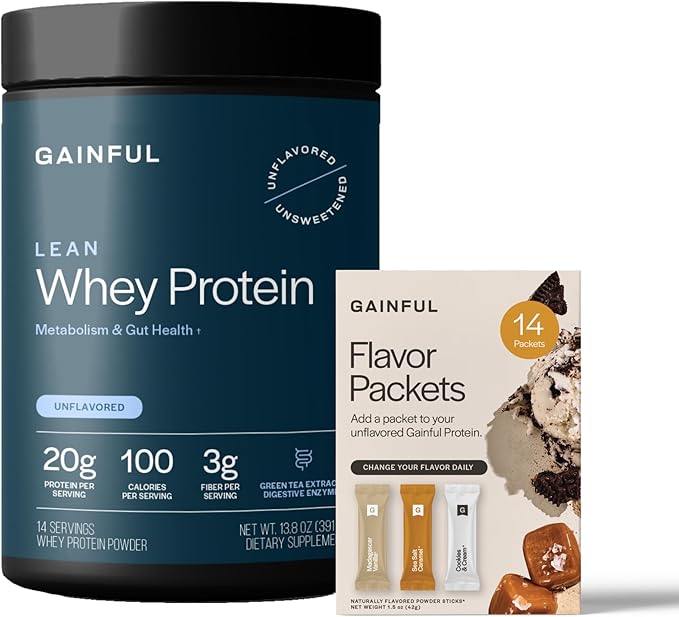 Gainful Lean Whey Protein Powder &amp Sweet Treat Flavor Bundle 20g Protein Supports Lean Muscle Metabolism and Satiety with Green Tea Extract &amp Digestive Enzymes14 Servings + 14 Flavor St